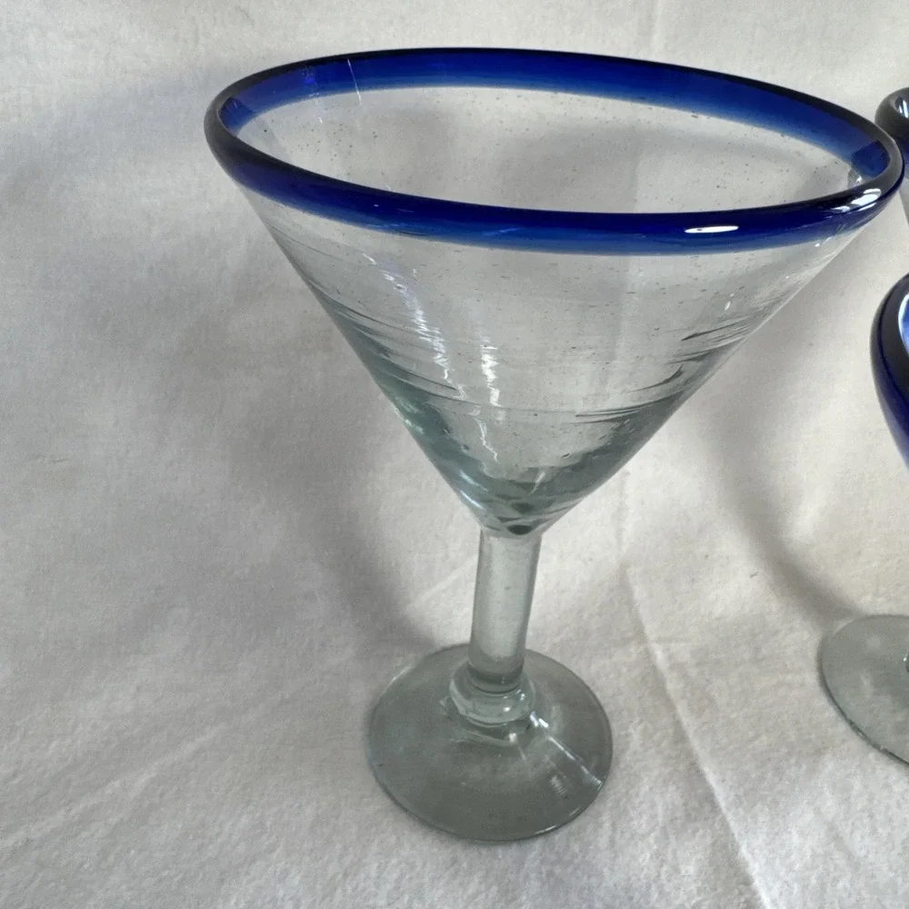 3 Tall Mexican Style Martini Margarita Glass Cobalt Blue Rim Handmade Glass